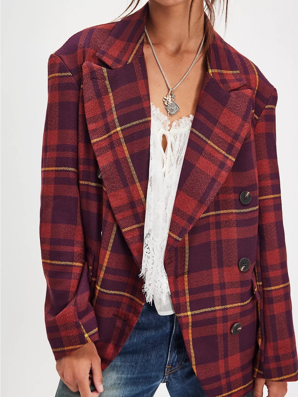 Free People Blazer Double Breasted Burgundy Plaid Jacket Oversized Relaxed Fit S - Picture 7 of 12